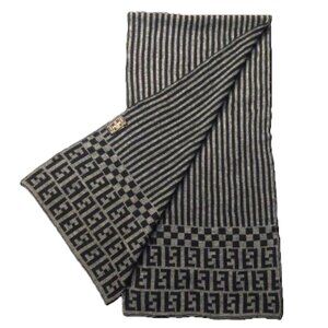 Vintage FENDI Black and Gray Stripe Check Monogram Reversible Scarf